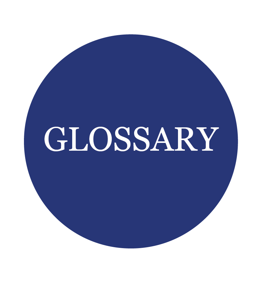 Circle button with blue background for "GLOSSARY" Page.